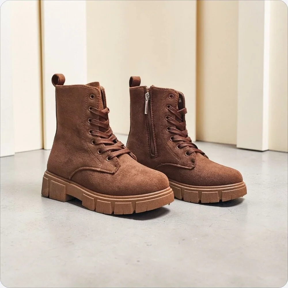 Chunky Sole Brown Faux Suede Combat Boots With Side Zipper & Lace-Up Closure For - Picture 2 of 13